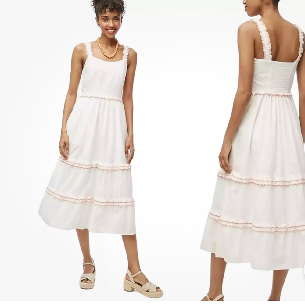 J.Crew Factory Scalloped-trim Tiered Midi Dress in White CA107